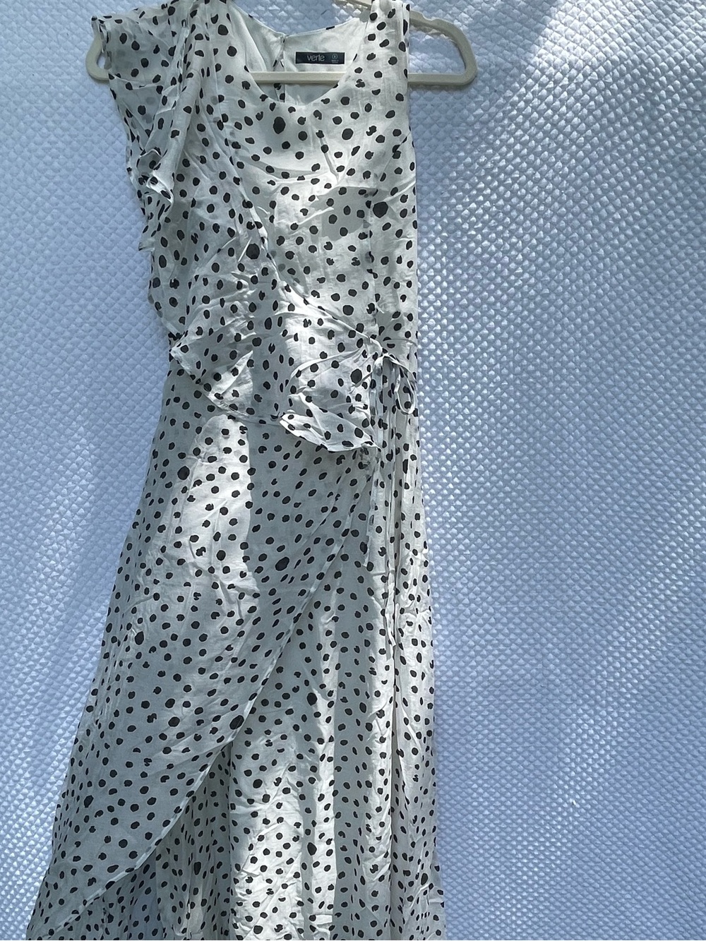 Verte Women’s Size Small White Black Polka Dot Ruffle Wrap Maxi Dress Side Tie